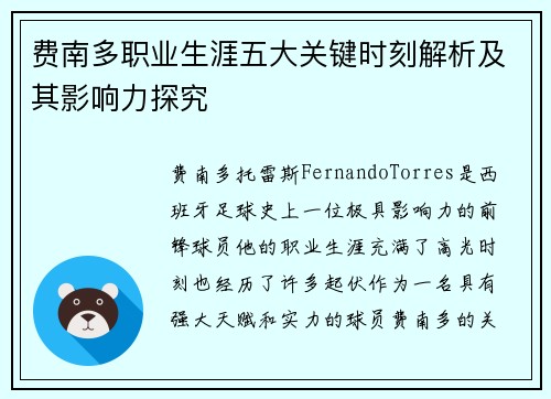 费南多职业生涯五大关键时刻解析及其影响力探究