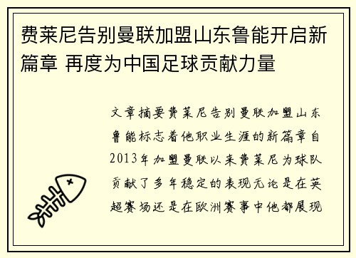 费莱尼告别曼联加盟山东鲁能开启新篇章 再度为中国足球贡献力量