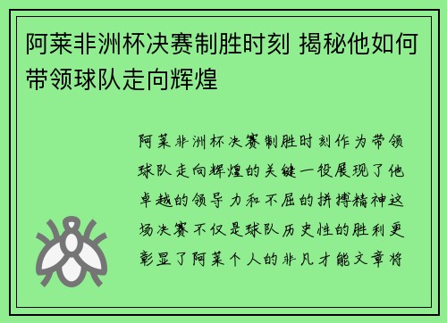 阿莱非洲杯决赛制胜时刻 揭秘他如何带领球队走向辉煌