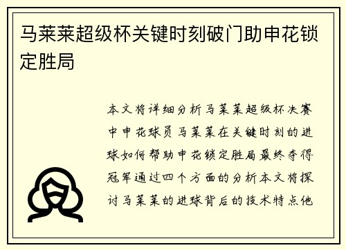 马莱莱超级杯关键时刻破门助申花锁定胜局